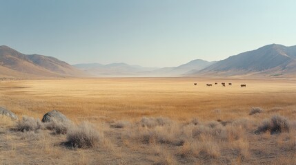 Fototapeta premium A serene landscape photograph of a vast, untouched pasture stretching to the horizon, dotted with contented grass-fed beef cattle, conveying a sense of peace and natural abundance Concept Expansive