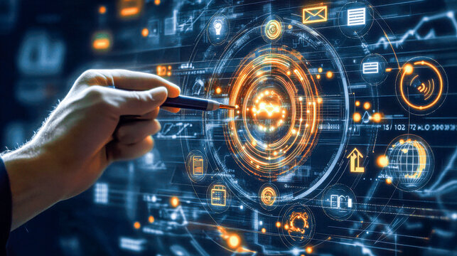 Digital interface with glowing circular data visualization and hand interacting with the screen
