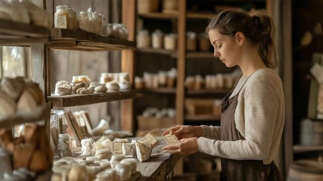 Rustic soap shop wooden shelf displaying natural handmade soap bars with warm light creating peaceful calm atmosphere and skincare products