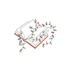 Retro Christmas Open Book Decorated with Festive Garlands in Hand Drawn Style vector illustration isolated on white. Perfect for holiday greeting cards, book themed merchandise, seasonal reading