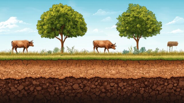 A detailed illustration of the environmental benefits of grass-fed beef farming, showing healthy soil, diverse plant life, and carbon sequestration in a sustainable cycle Concept Ecosystem in harmony