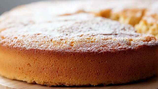 A slice of cake is cut in half and placed on a wooden cutting board. The cake is covered in powdered sugar and has a golden brown color