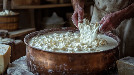 A hyperrealistic photograph of an experienced cheesemaker hands carefully stirring milk in a large copper vat on an artisan cheese farm, emphasizing the traditional, hands-on process Concept The