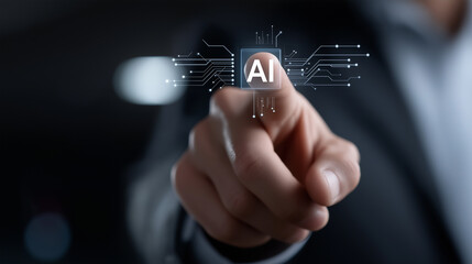 Man interacting with generative AI hologram above glowing circuit board in futuristic digital environment, generative AI, artificial intelligence, holographic interface, smart technology, digital

