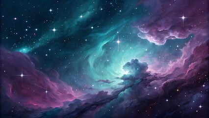 Cosmic nebula teal and purple galactic cloudscape with stars