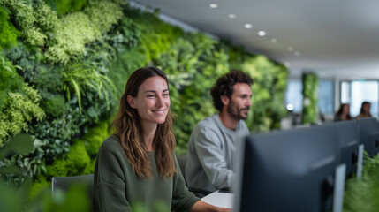 Happy female professional working in sustainable green office environment