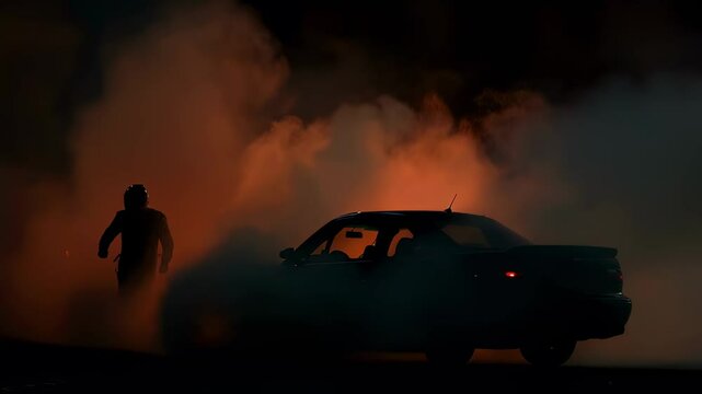 Orange smoke dramatically enveloping silhouetted stuntman walking away from burning vehicle, capturing intense moment of danger and high stakes performance against dark background