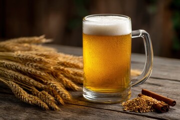 Beer mug with foam wheat sheaf grain pile cinnamon sticks on rustic wooden table