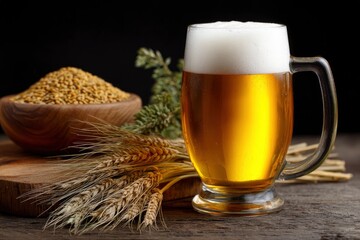 Beer mug with a frothy head grain bowl and wheat stalks on a wooden surface against a dark backdrop