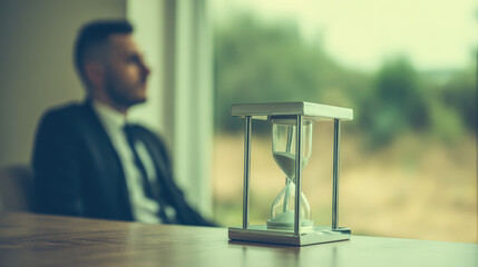 Suited Man Observing Hourglass on Table in Thoughtful Contemplation
