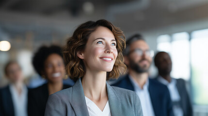 Confident female business leader looking up with inspiration at corporate event