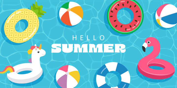 Hello summer, pink inflatable flamingo and unicorn, watermelon and pineapple float on sea or pool water background, summer travel, vector illustration. - Powered by Adobe