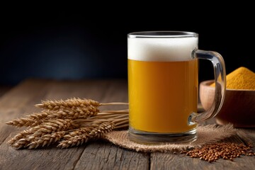 Beer mug with wheat turmeric powder and coriander seeds on a wood surface against a dark backdrop