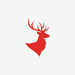 Bold minimalist red deer logo featuring a stylized silhouette with elegant antlers on a white background. Perfect for branding, wildlife, or nature-themed design projects.