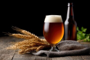 Beerfilled glass bottle wheat sheaf on gray cloth atop wooden surface against black background