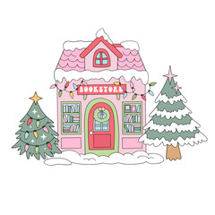 Retro Christmas Bookstore with Wreath, Garlands, and Holiday Tree vector illustration isolated on white. Perfect for festive greeting cards for book lovers, winter bookshop promotions, seasonal decor