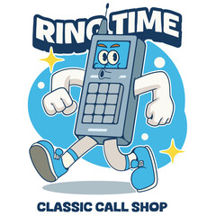 Vector Illustration of Classic Handphone Mascot with Retro Cartoon Mascot Available for Logo Badge