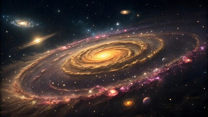 Majestic spiral galaxy with planets and distant stars in space