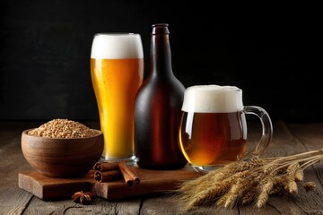 Beer still life glass and mug of beer dark bottle grains spices and wheat stalks on a rustic wooden surface against a dark backdrop