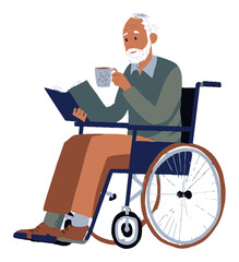 Cartoon Illustration of Elderly Man in Wheelchair Reading Book with Coffee