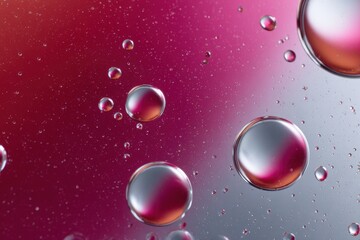 Spherical droplets of oil floating on a colorful liquid surface with pink red and gray gradient background