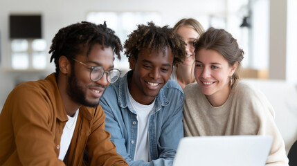 Diverse startup team collaborating on laptop in modern workspace
