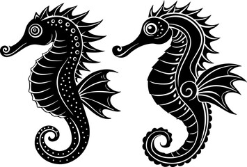 A seahorse curled upward, isolated on a white background. Stencil seahorse silhouette on white background. 