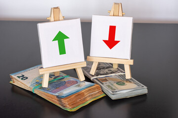 Currency Fluctuation Concept – Red and Green Arrows on Easel Over Euro and US Dollar Banknotes.