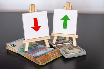 Currency Fluctuation Concept – Red and Green Arrows on Easel Over Euro and US Dollar Banknotes.