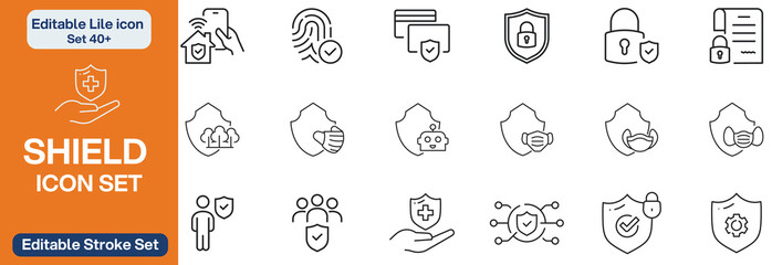 Big set of shield line icons. Protection, security, defence, guard etc. Editable stroke