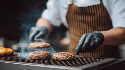 A professional chef expertly grills juicy burgers on a smoky barbecue. The sizzling patties, rising smoke capture the essence of delicious outdoor cooking. Ideal for food, restaurant, summer themes.