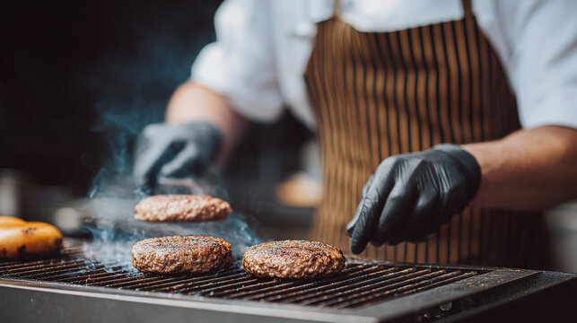 A professional chef expertly grills juicy burgers on a smoky barbecue. The sizzling patties, rising smoke capture the essence of delicious outdoor cooking. Ideal for food, restaurant, summer themes.