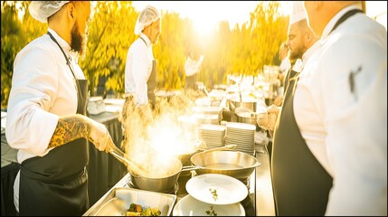 Outdoor catering chefs preparing food on a sunny day