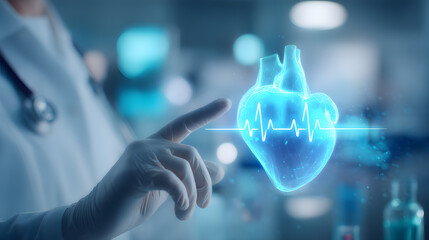 a medical doctor wearing white gloves pointing at a holographic heart icon