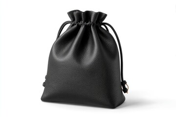 Black drawstring bag with textured surface cinched at the top casting a soft shadow on a white background