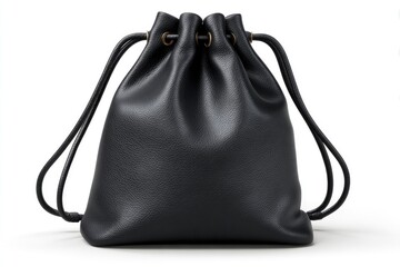 Black leather drawstring bag centered against a white backdrop
