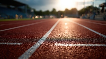 A close-up view of a running track lane with sunlight reflecting off the textured surface, leading towards a blurred stadium and sky in the background.