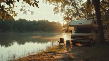 RV parked by river during camping trip