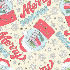 Retro Snow Globe in Santa hat with pile of books inside vector Seamless Pattern with Merry Chirstmas wordplay on Pastel Yellow. Perfect for festive wrapping paper, holiday cards, book-themed gifts