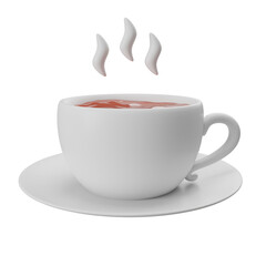 3D illustration of a steaming cup of hot tea, perfect for cozy and refreshing beverage visuals, with a white saucer and cup.
