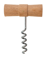 Wooden corkscrew for pulling corks out of bottles on a white background. Corkscrew