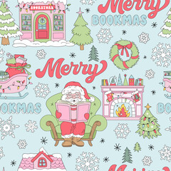 Retro Christmas with Santa Reading, Bookstore, Fireplace, Sleigh Full of Gifts vector Seamless Pattern with Merry Chirstmas wordplay. Great for festive gift wrap, holiday-themed fabric, winter