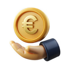 Golden euro coin in hand isolated on transparent background