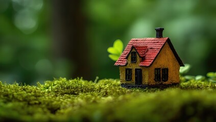 Miniature house nestled in moss, out-of-focus green background