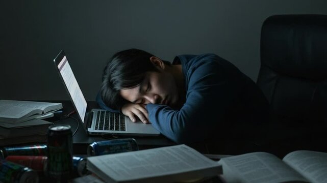 Exhausted Student Asleep on Laptop with Energy Drinks and Books &ndash; Study Burnout Scene