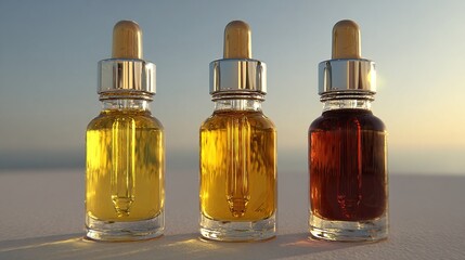 Three glass bottles with dropper lids, containing liquids of varying colors