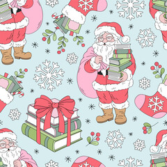 Retro Christmas vector seamless Pattern with Santa Holding Books and Gift Sack, Holiday Book Decor on Pastel Blue Background. Perfect for Xmas gift wrap, seasonal fabric, festive stationery, and cozy