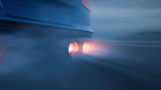 Glowing red tailpipes emitting exhaust fumes while blue sports car races down nighttime highway, showcasing raw automotive performance and speed