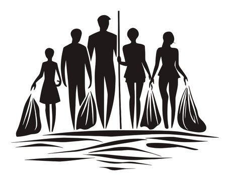 Abstract Illustration of People Holding Bags in a Clean-Up Activity Scene