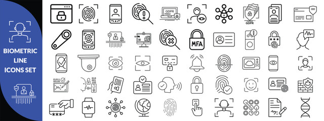 biometric line icons. Identity, acces, passport, id card, verification etc. Editable stroke design 